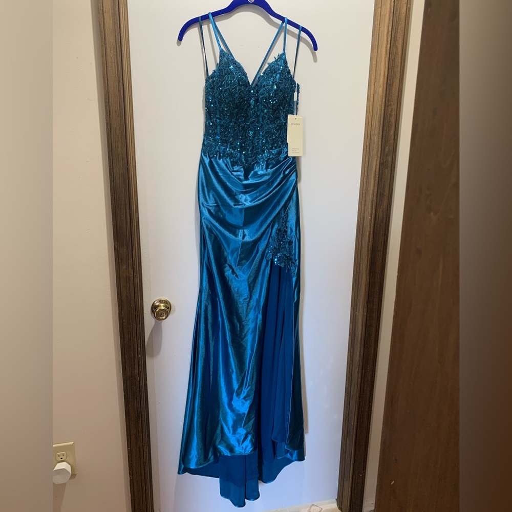 New with tags!! Stacees v neck sequin corset Satin Prom Dress in Ink Blue